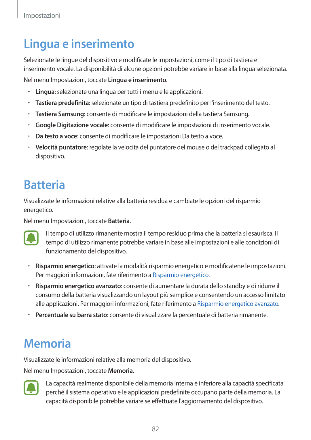 Samsung SM-T580NZWAITV, SM-T580NZAEITV manual Lingua e inserimento, Memoria 