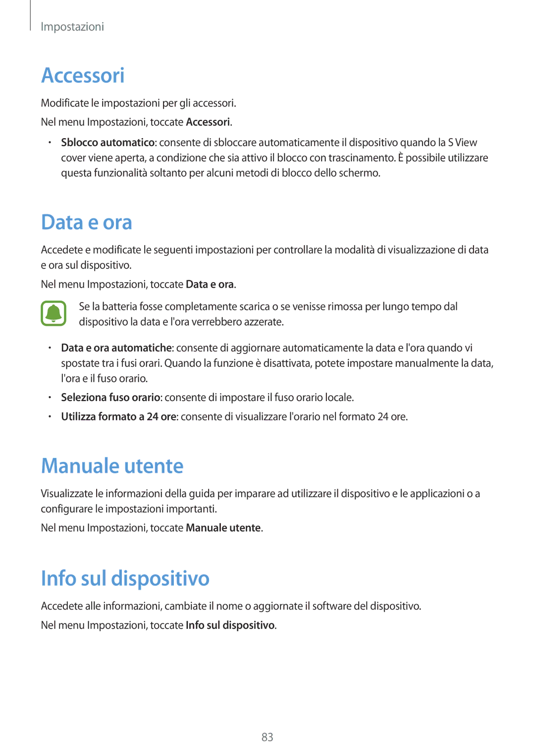 Samsung SM-T580NZAEITV, SM-T580NZWAITV manual Accessori, Data e ora, Manuale utente, Info sul dispositivo 