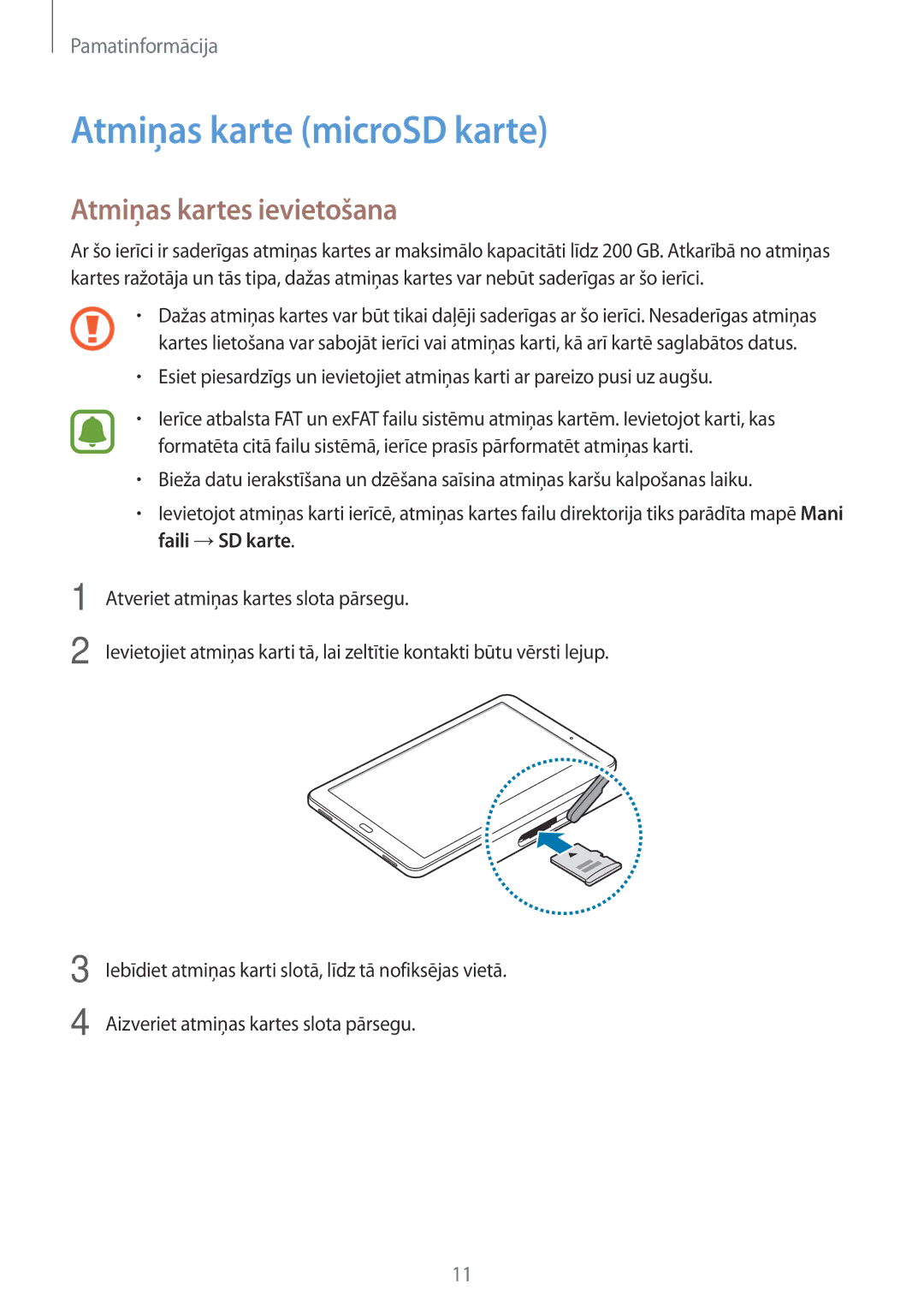 Samsung SM-T580NZKASEB, SM-T580NZWASEB manual Atmiņas karte microSD karte, Atmiņas kartes ievietošana 