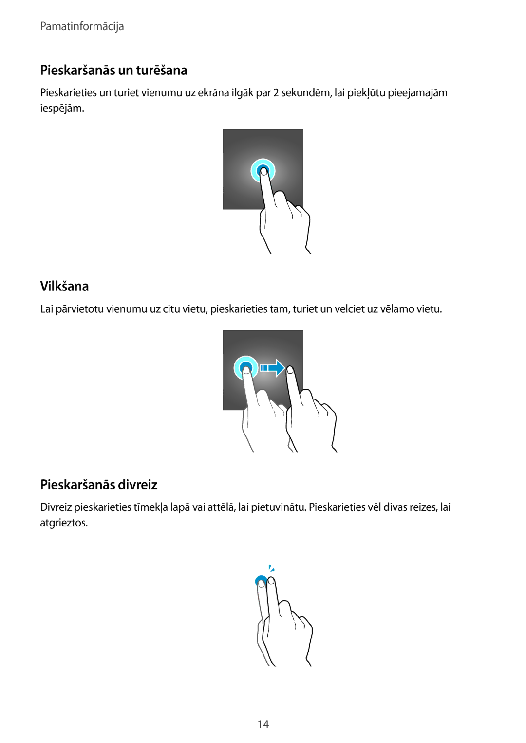 Samsung SM-T580NZWASEB, SM-T580NZKASEB manual Pieskaršanās un turēšana, Vilkšana, Pieskaršanās divreiz 