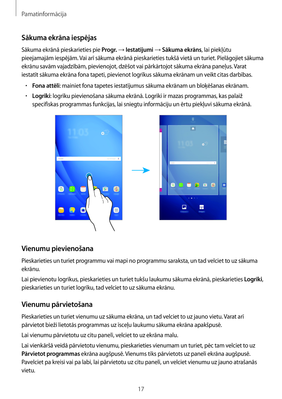 Samsung SM-T580NZKASEB, SM-T580NZWASEB manual Sākuma ekrāna iespējas, Vienumu pievienošana, Vienumu pārvietošana 