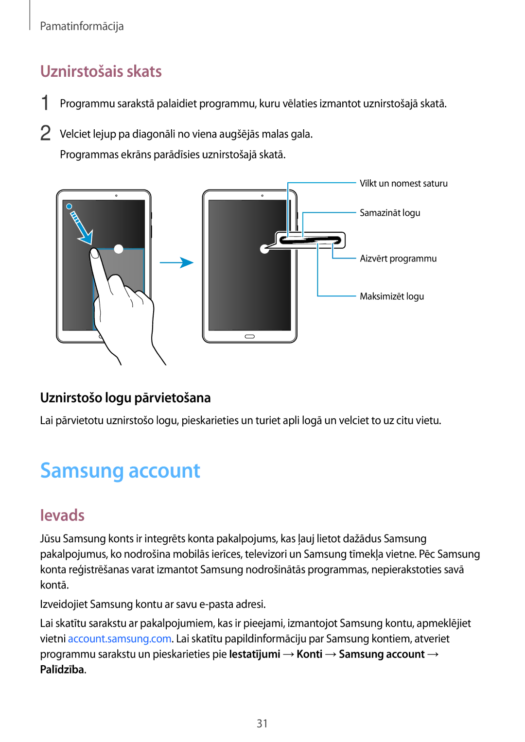 Samsung SM-T580NZKASEB, SM-T580NZWASEB manual Samsung account, Uznirstošais skats, Uznirstošo logu pārvietošana 