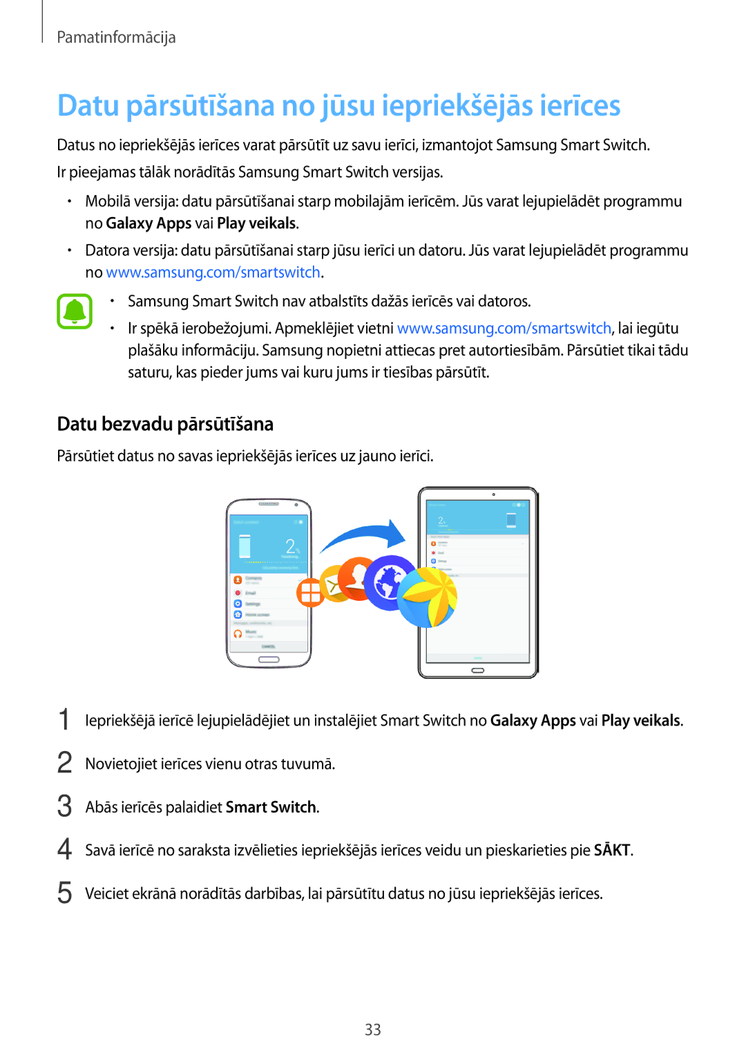 Samsung SM-T580NZKASEB, SM-T580NZWASEB manual Datu pārsūtīšana no jūsu iepriekšējās ierīces, Datu bezvadu pārsūtīšana 