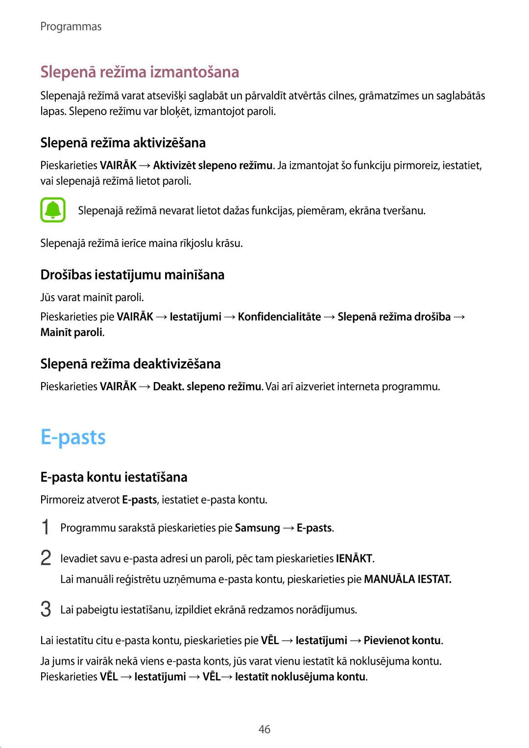 Samsung SM-T580NZWASEB, SM-T580NZKASEB manual Pasts, Slepenā režīma izmantošana 