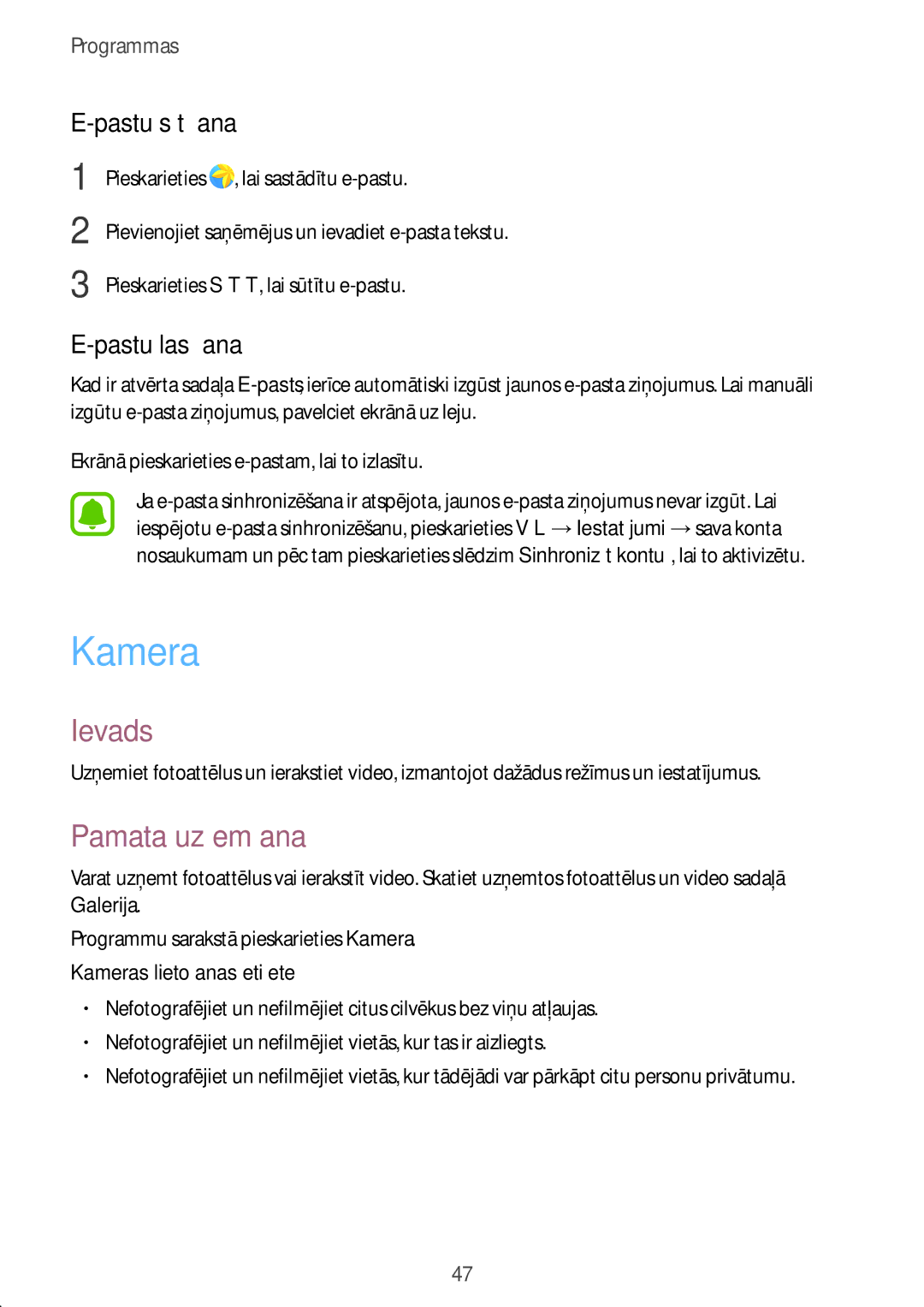 Samsung SM-T580NZKASEB, SM-T580NZWASEB manual Kamera, Pamata uzņemšana, Pastu sūtīšana, Pastu lasīšana 