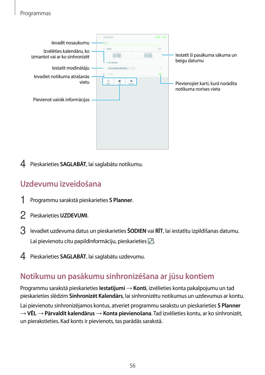 Samsung SM-T580NZWASEB, SM-T580NZKASEB manual Uzdevumu izveidošana, Notikumu un pasākumu sinhronizēšana ar jūsu kontiem 