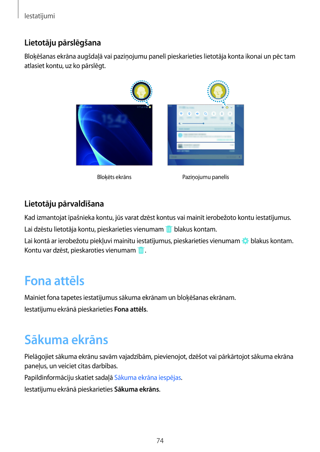 Samsung SM-T580NZWASEB, SM-T580NZKASEB manual Fona attēls, Lietotāju pārslēgšana, Lietotāju pārvaldīšana 