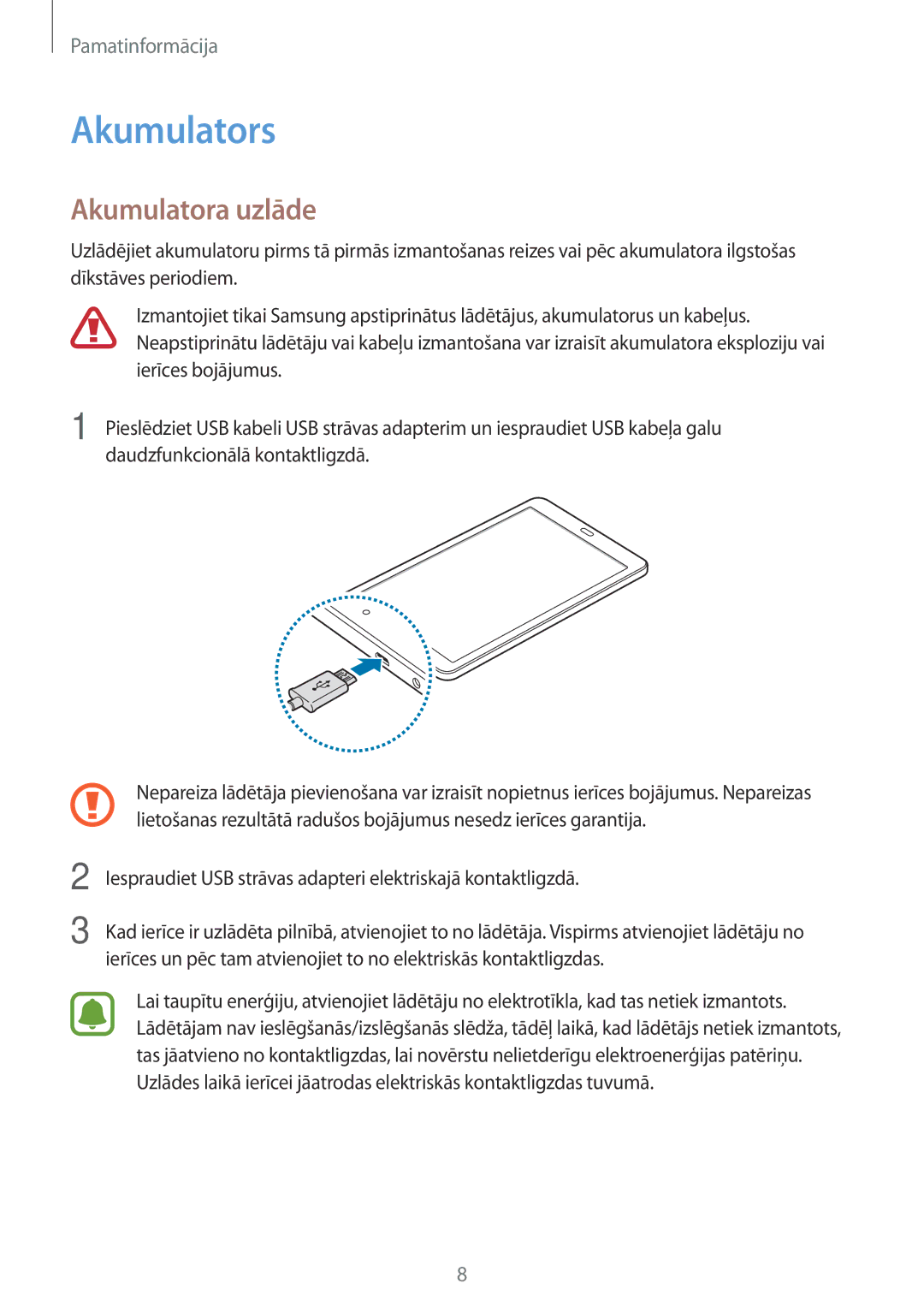 Samsung SM-T580NZWASEB, SM-T580NZKASEB manual Akumulators, Akumulatora uzlāde 