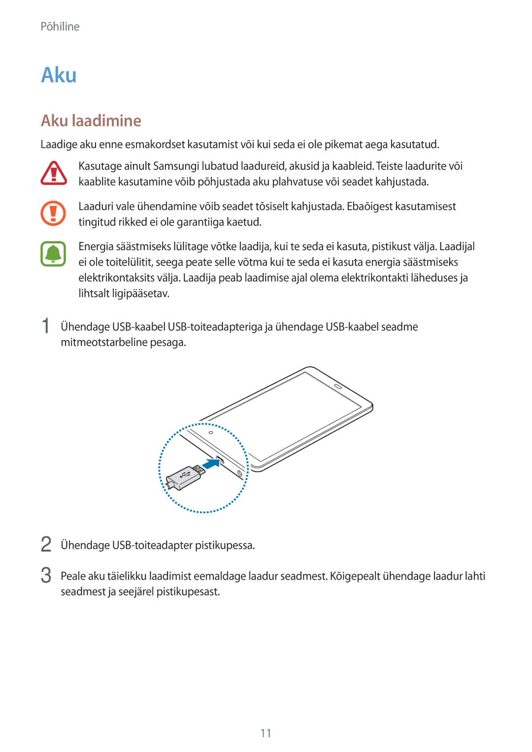 Samsung SM-T580NZKASEB, SM-T580NZWASEB manual Aku laadimine 