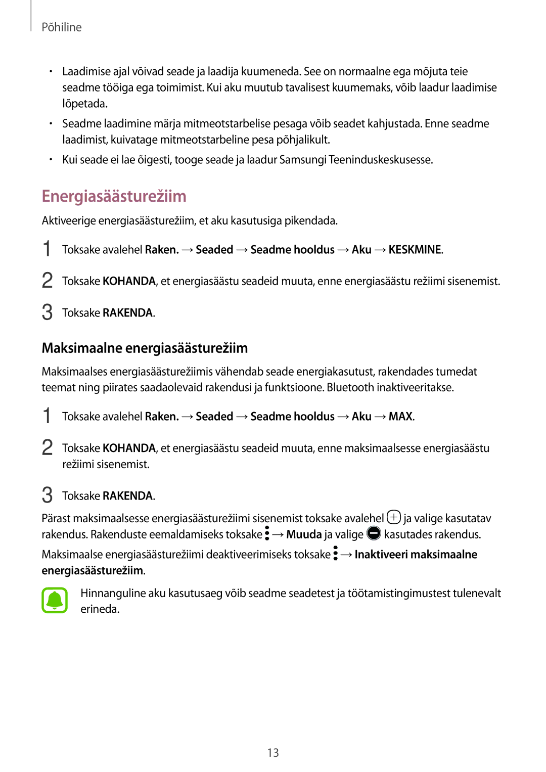 Samsung SM-T580NZKASEB, SM-T580NZWASEB manual Energiasäästurežiim, Maksimaalne energiasäästurežiim 