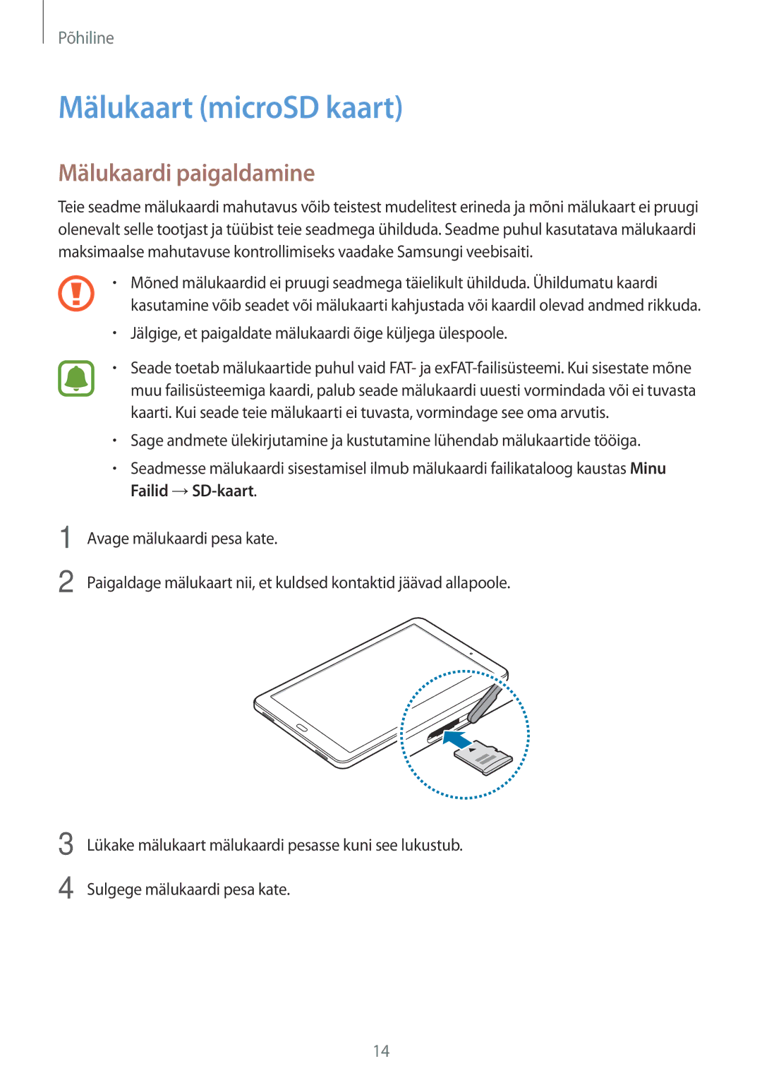 Samsung SM-T580NZWASEB, SM-T580NZKASEB manual Mälukaart microSD kaart, Mälukaardi paigaldamine 