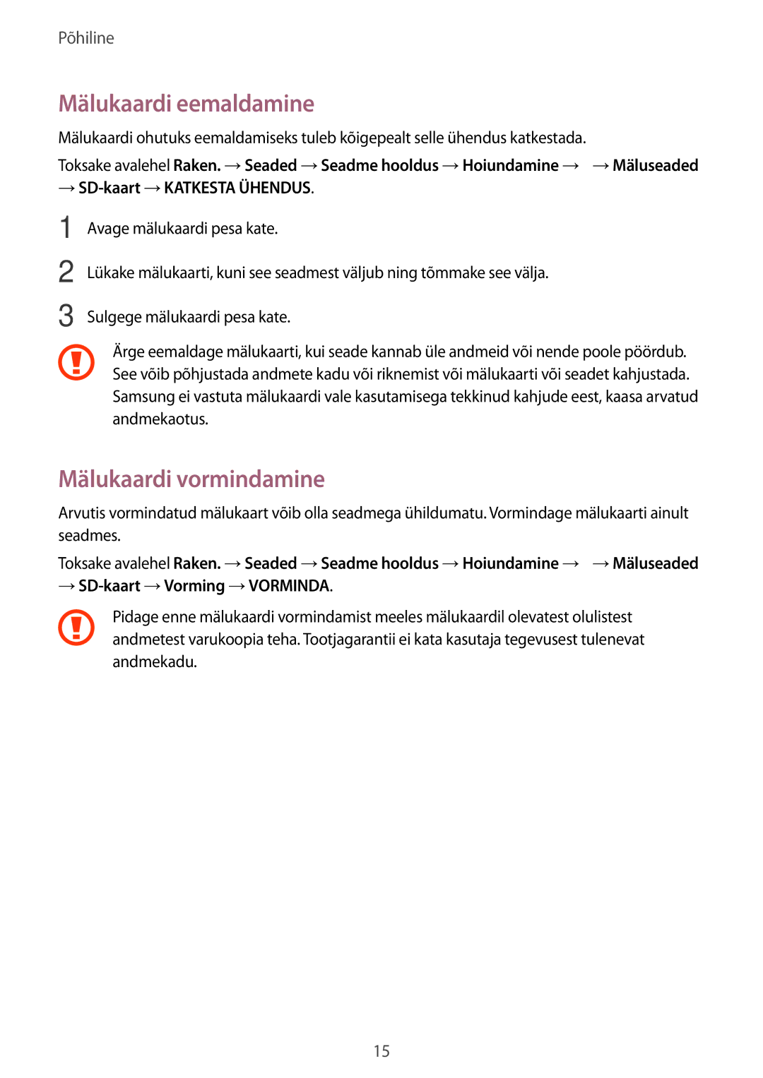 Samsung SM-T580NZKASEB, SM-T580NZWASEB manual Mälukaardi eemaldamine, Mälukaardi vormindamine, → SD-kaart →KATKESTA Ühendus 