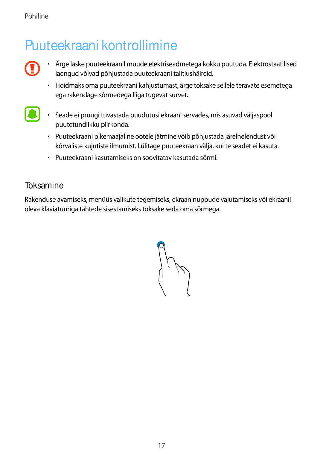 Samsung SM-T580NZKASEB, SM-T580NZWASEB manual Puuteekraani kontrollimine, Toksamine 