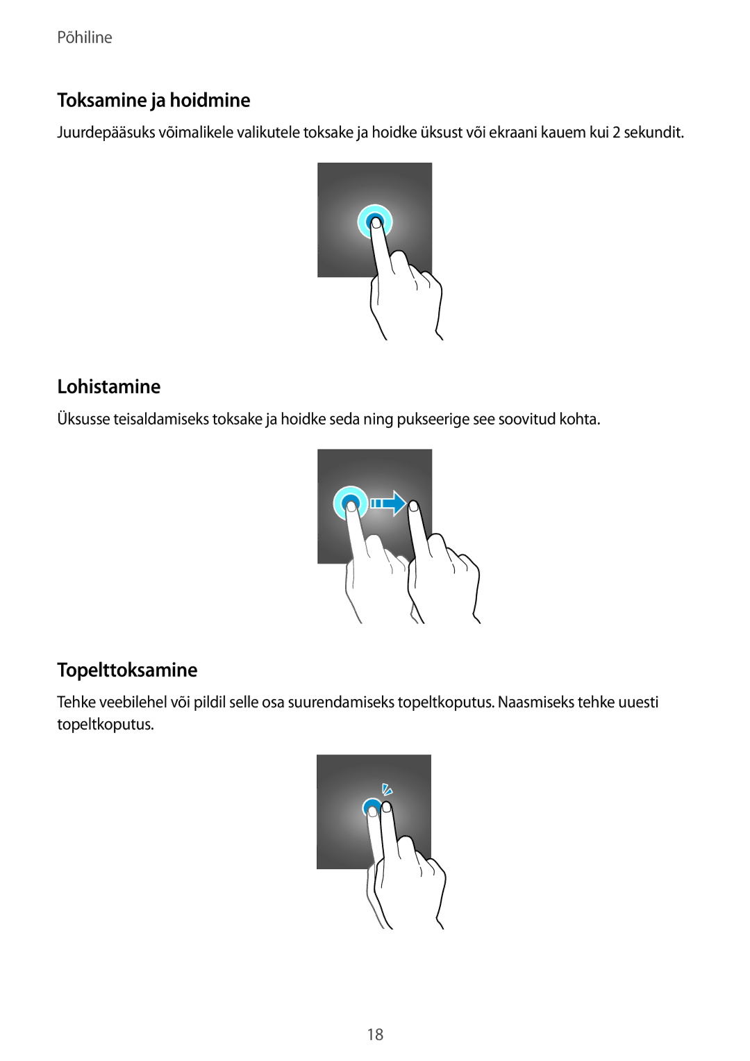 Samsung SM-T580NZWASEB, SM-T580NZKASEB manual Toksamine ja hoidmine, Lohistamine, Topelttoksamine 