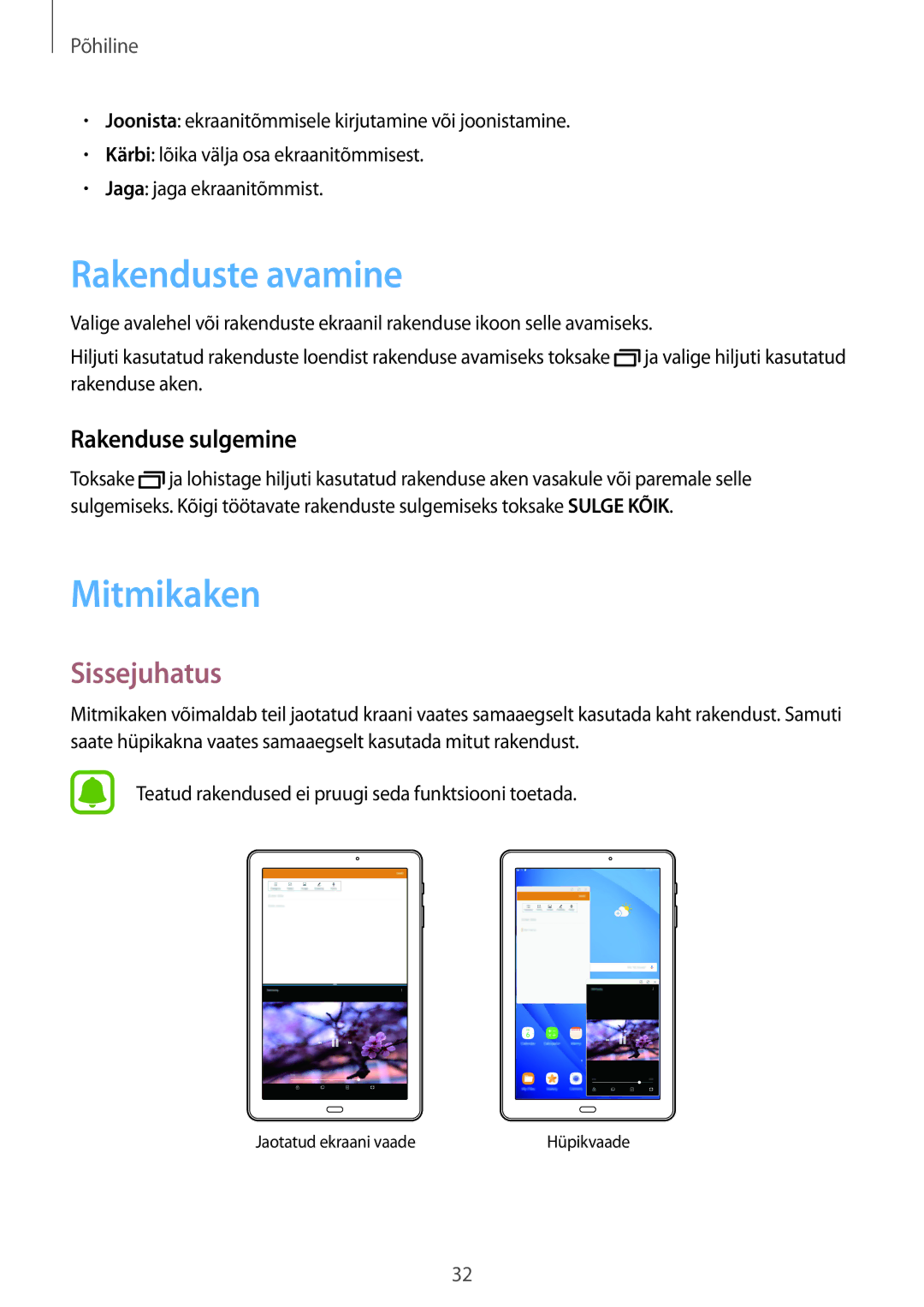 Samsung SM-T580NZWASEB, SM-T580NZKASEB manual Rakenduste avamine, Mitmikaken, Sissejuhatus, Rakenduse sulgemine 