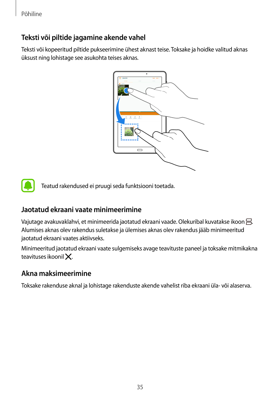 Samsung SM-T580NZKASEB Teksti või piltide jagamine akende vahel, Jaotatud ekraani vaate minimeerimine, Akna maksimeerimine 