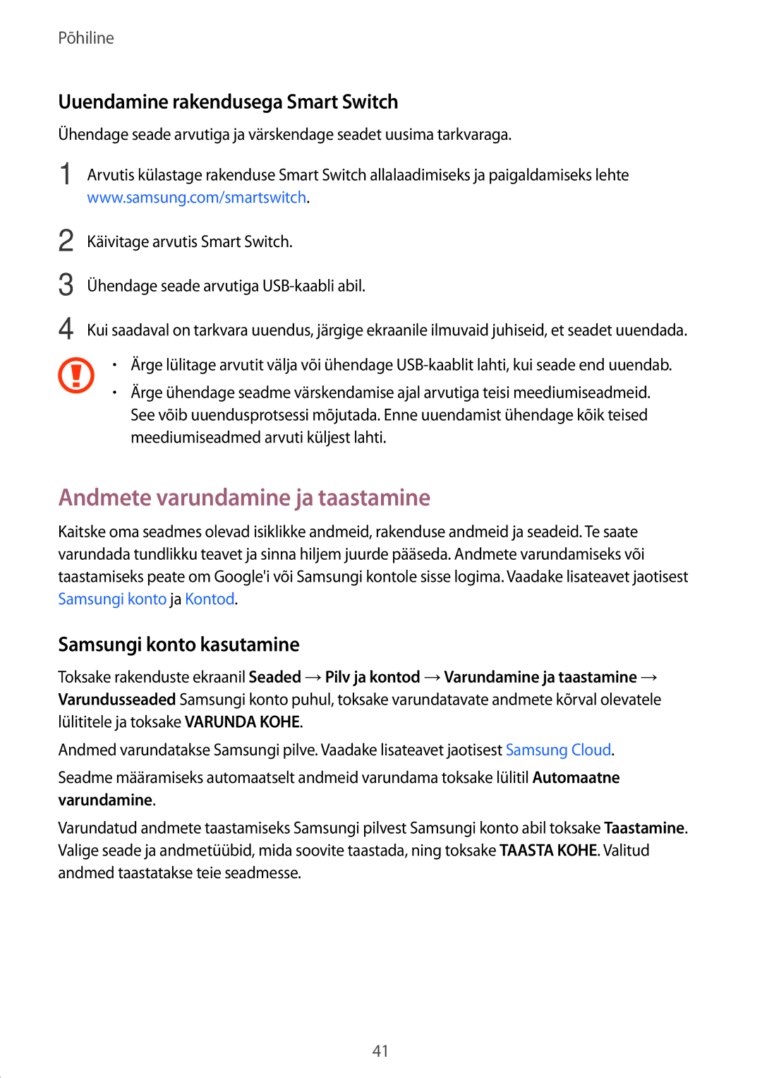 Samsung SM-T580NZKASEB Andmete varundamine ja taastamine, Uuendamine rakendusega Smart Switch, Samsungi konto kasutamine 