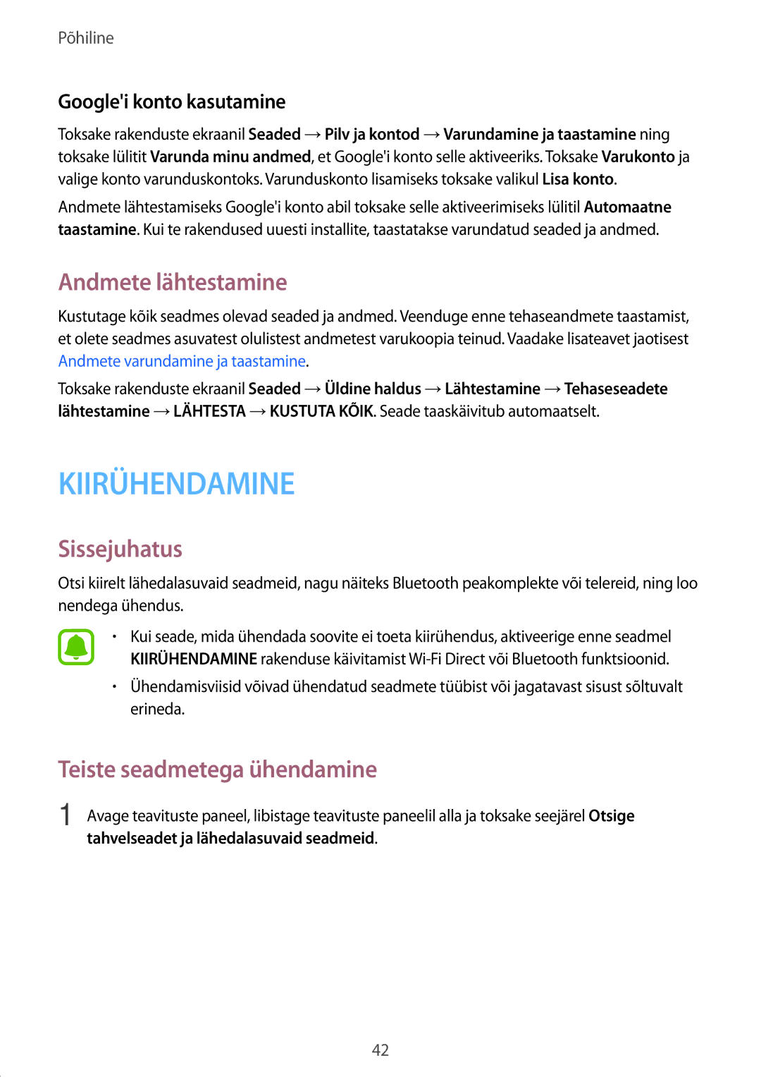 Samsung SM-T580NZWASEB, SM-T580NZKASEB manual Andmete lähtestamine, Teiste seadmetega ühendamine, Googlei konto kasutamine 