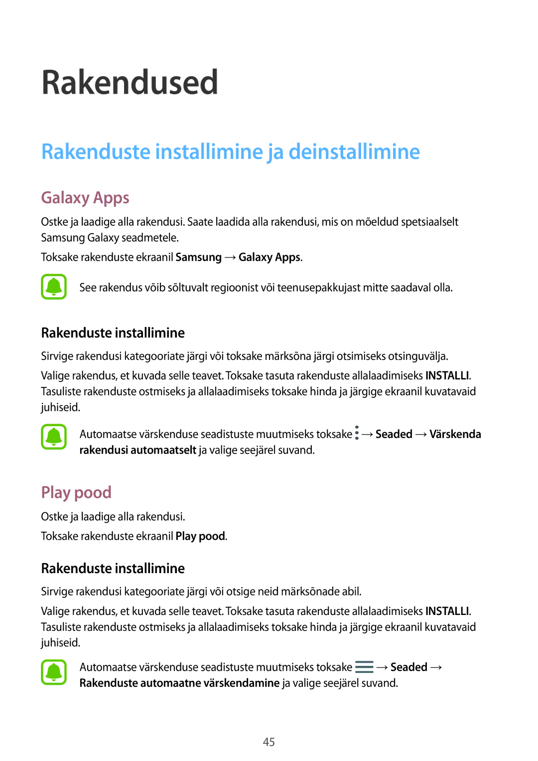 Samsung SM-T580NZKASEB, SM-T580NZWASEB manual Rakenduste installimine ja deinstallimine, Galaxy Apps, Play pood 