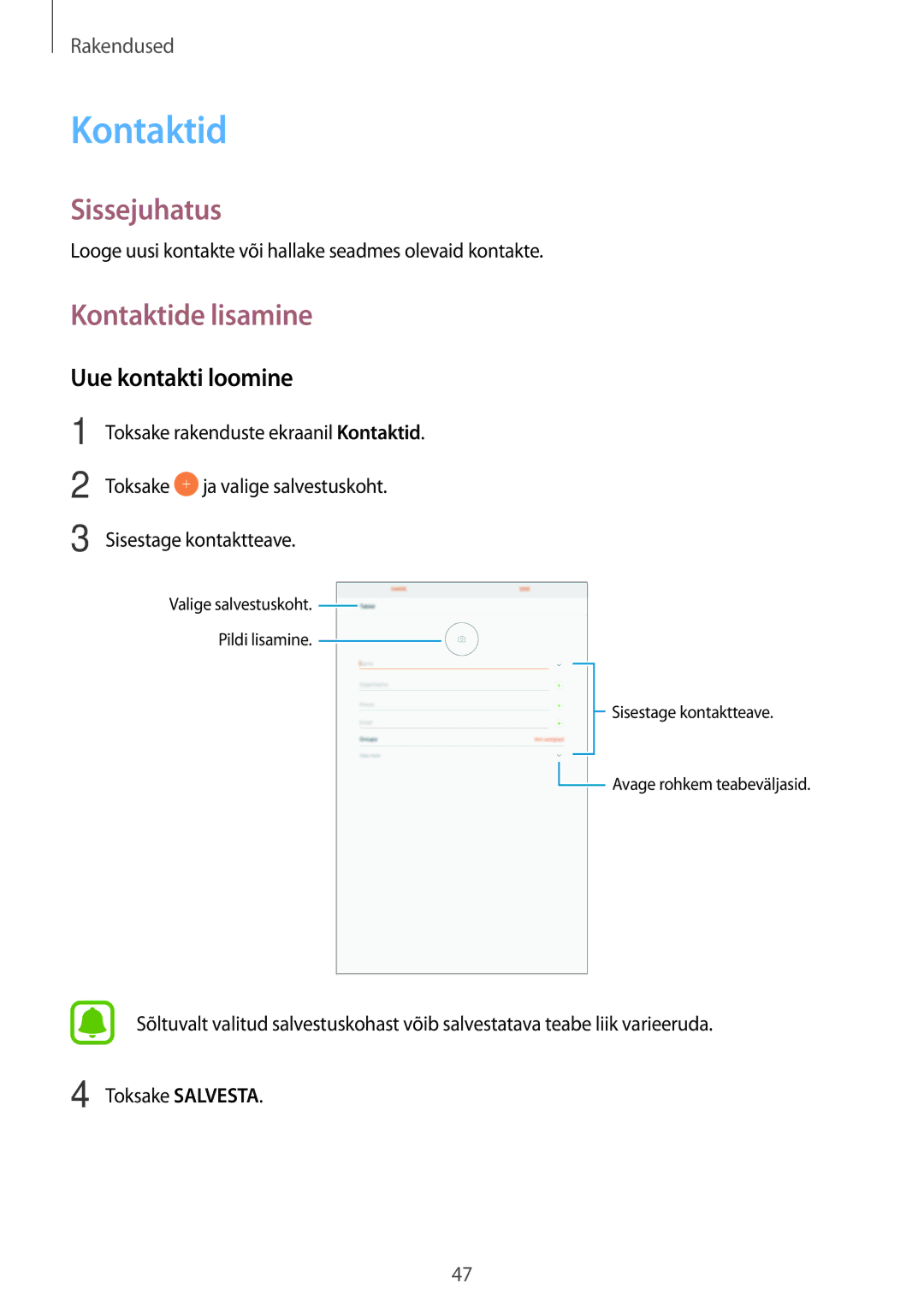 Samsung SM-T580NZKASEB, SM-T580NZWASEB manual Kontaktide lisamine, Uue kontakti loomine 