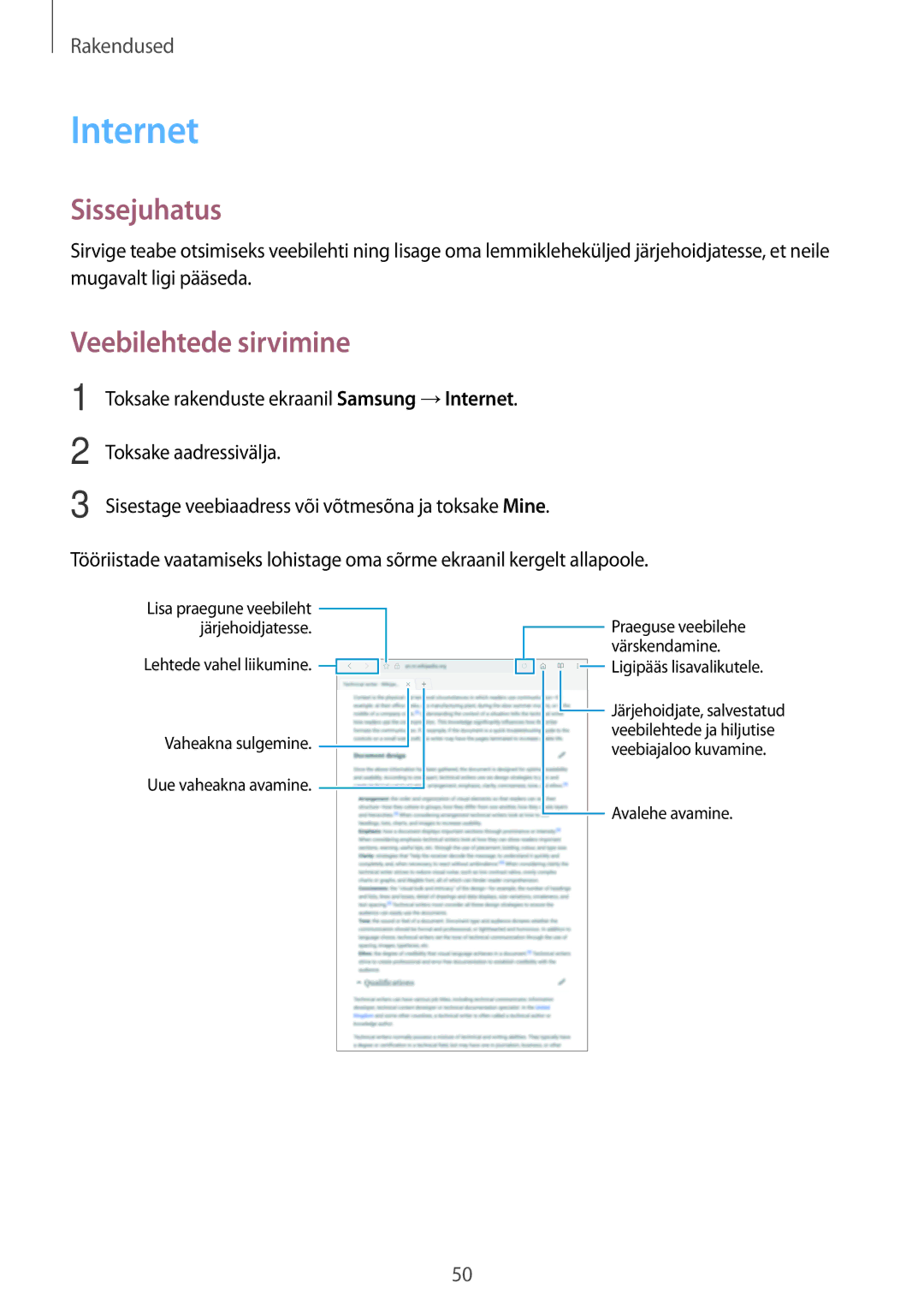 Samsung SM-T580NZWASEB, SM-T580NZKASEB manual Internet, Veebilehtede sirvimine 