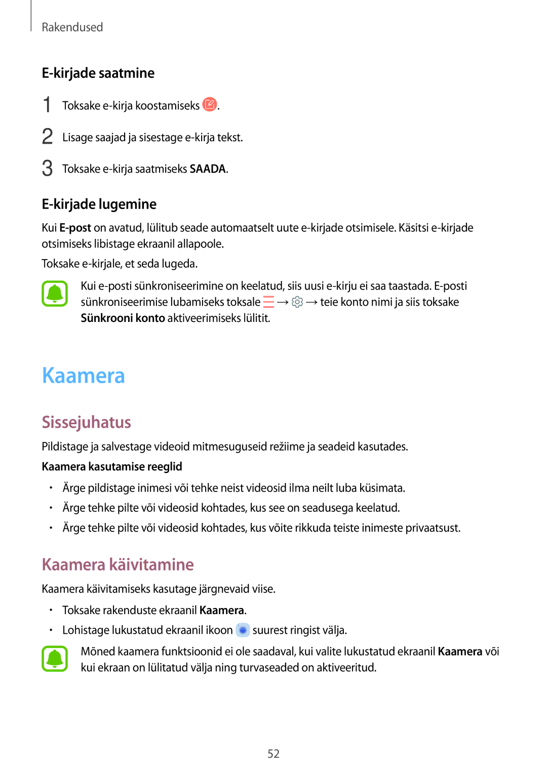 Samsung SM-T580NZWASEB manual Kaamera käivitamine, Kirjade saatmine, Kirjade lugemine, Kaamera kasutamise reeglid 