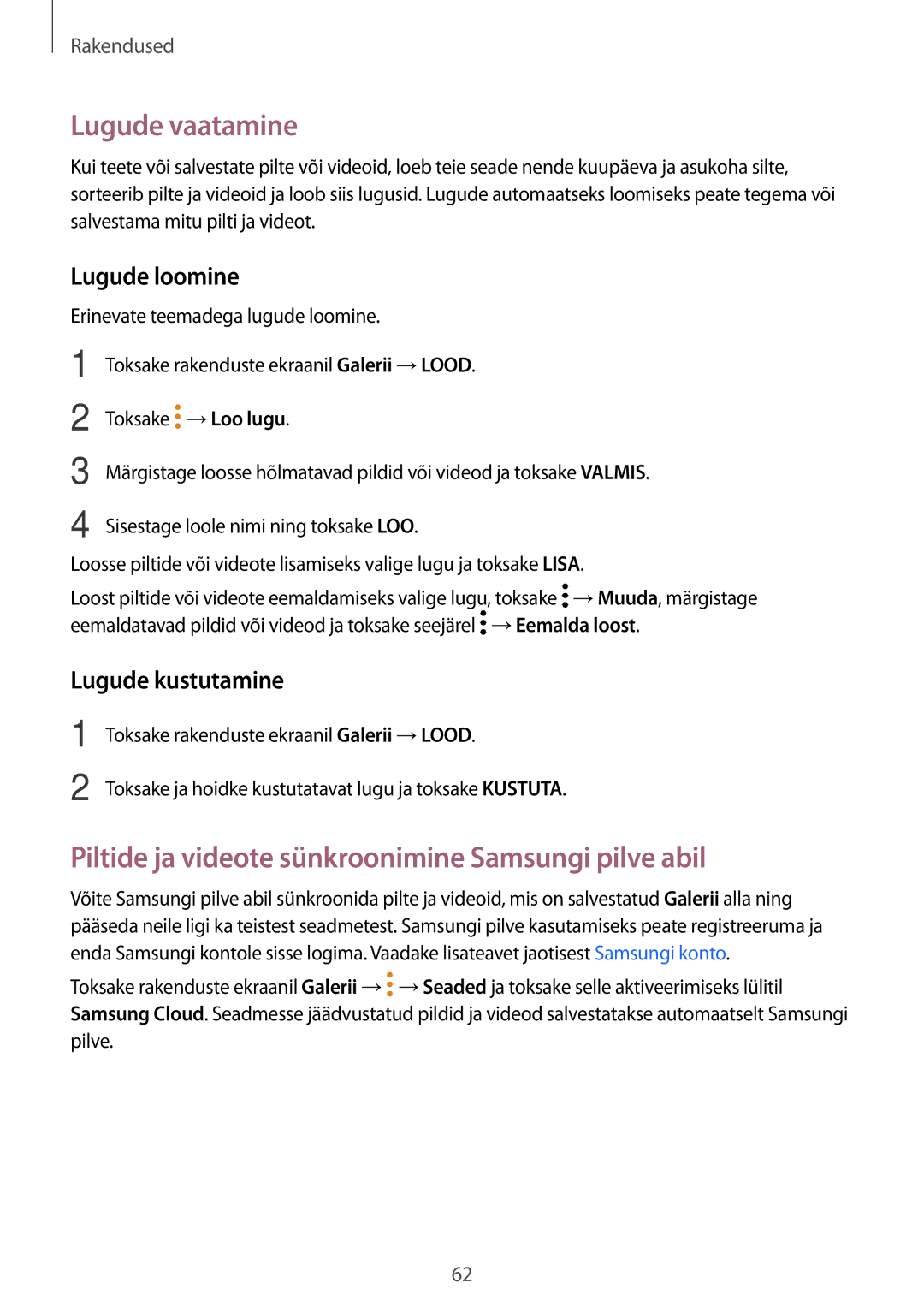 Samsung SM-T580NZWASEB manual Lugude vaatamine, Piltide ja videote sünkroonimine Samsungi pilve abil, Lugude loomine 