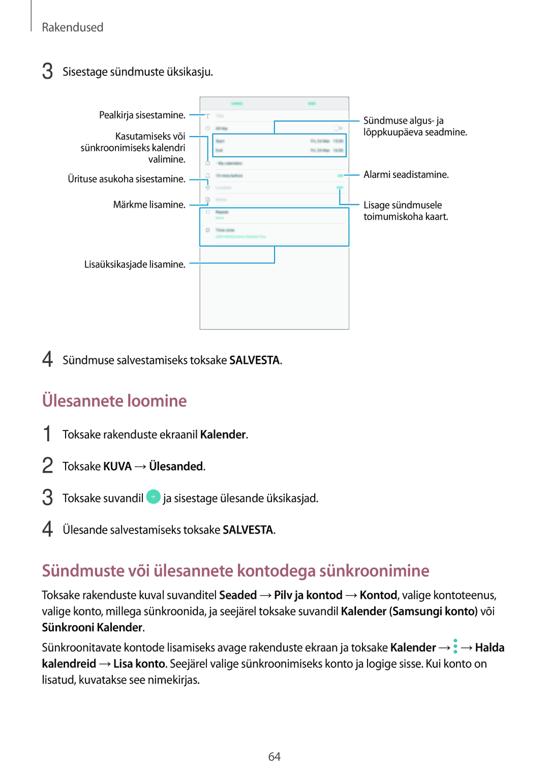 Samsung SM-T580NZWASEB manual Ülesannete loomine, Sündmuste või ülesannete kontodega sünkroonimine, Toksake Kuva →Ülesanded 