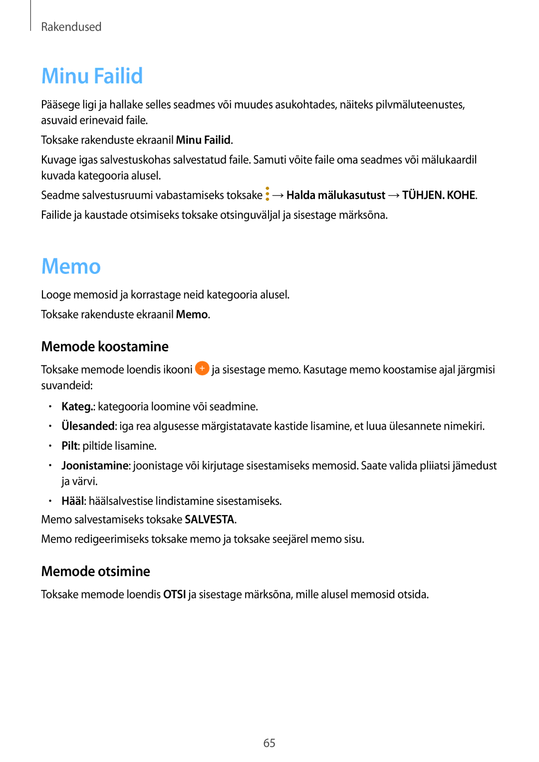 Samsung SM-T580NZKASEB, SM-T580NZWASEB manual Minu Failid, Memode koostamine, Memode otsimine 