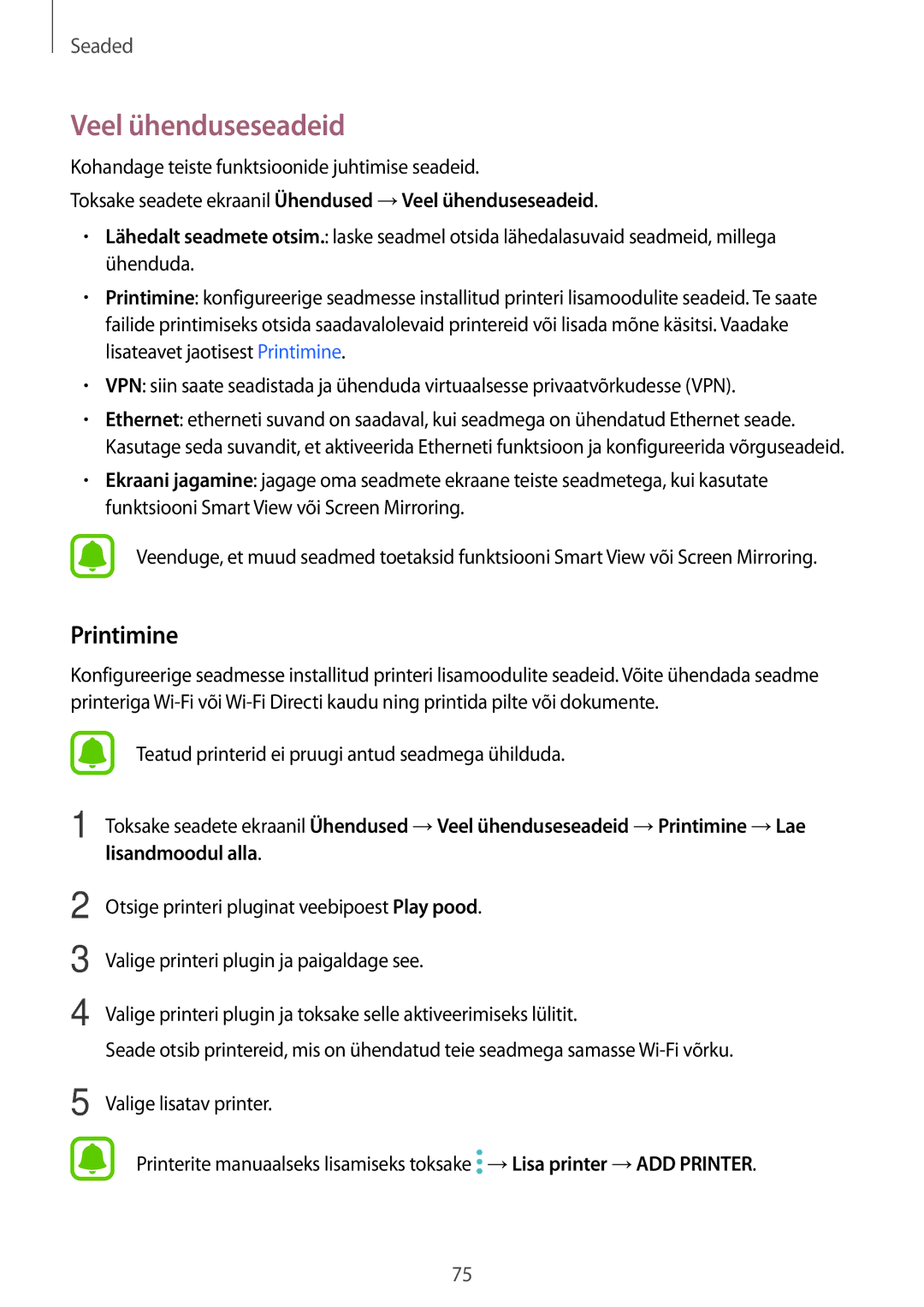 Samsung SM-T580NZKASEB, SM-T580NZWASEB manual Printimine, Toksake seadete ekraanil Ühendused →Veel ühenduseseadeid 