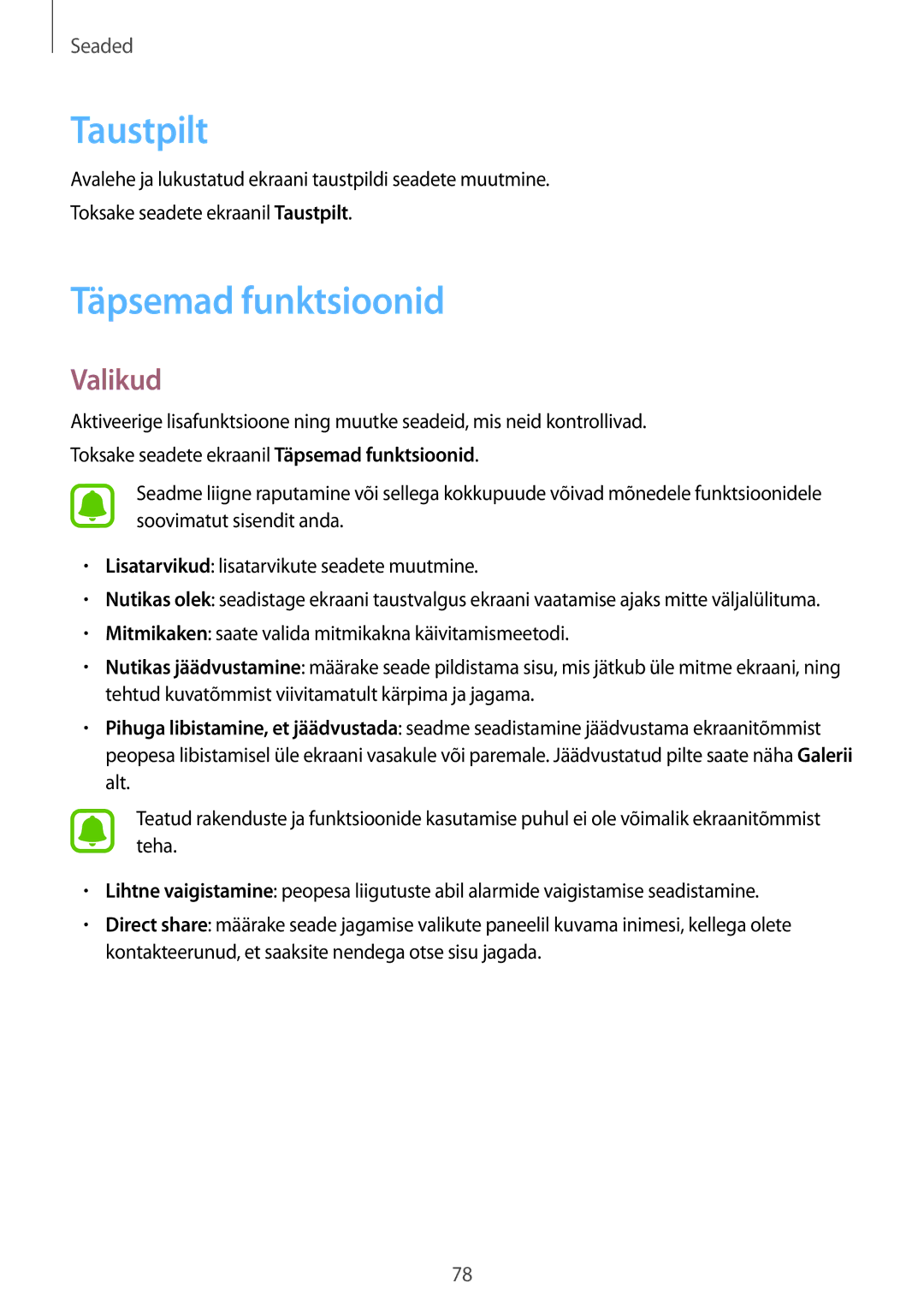 Samsung SM-T580NZWASEB, SM-T580NZKASEB manual Taustpilt, Täpsemad funktsioonid 