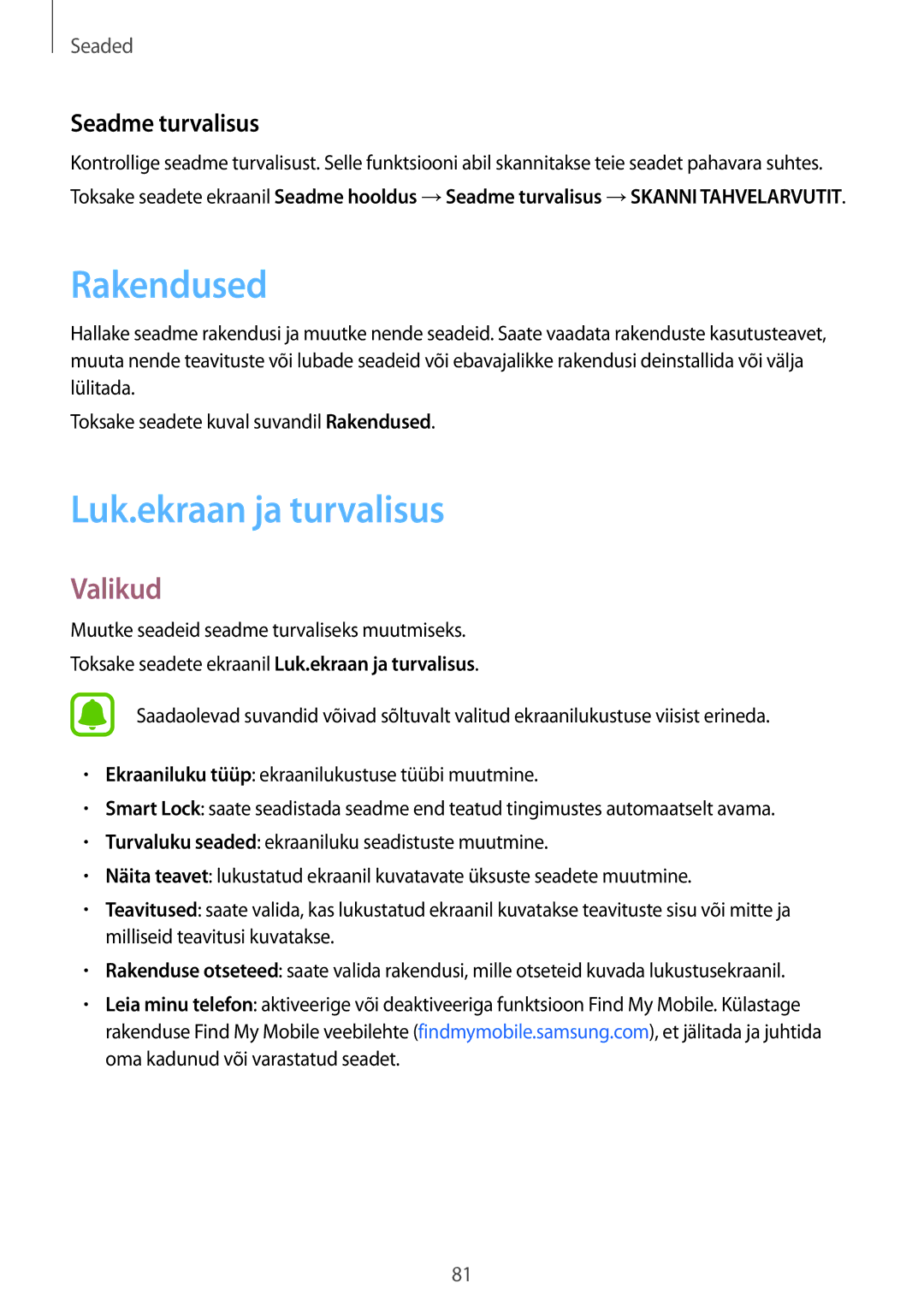 Samsung SM-T580NZKASEB, SM-T580NZWASEB manual Rakendused, Luk.ekraan ja turvalisus, Seadme turvalisus 