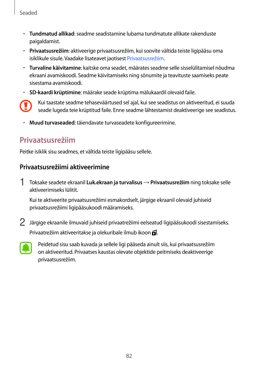 Samsung SM-T580NZWASEB, SM-T580NZKASEB manual Privaatsusrežiimi aktiveerimine 