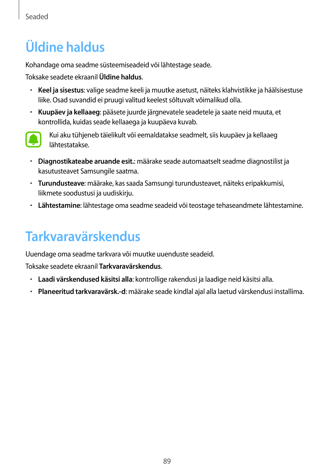 Samsung SM-T580NZKASEB, SM-T580NZWASEB manual Üldine haldus, Tarkvaravärskendus 