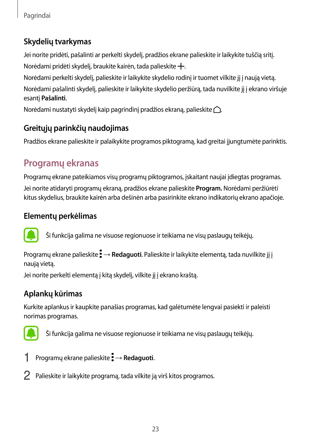 Samsung SM-T580NZKASEB, SM-T580NZWASEB manual Programų ekranas, Skydelių tvarkymas, Greitųjų parinkčių naudojimas 