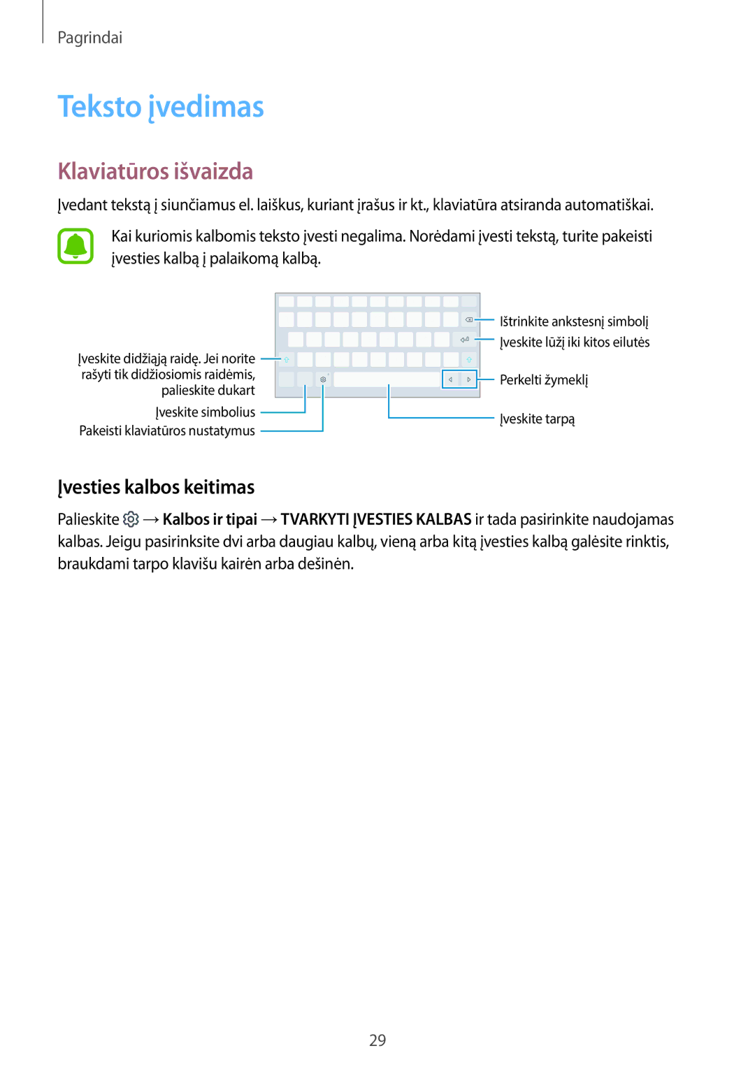 Samsung SM-T580NZKASEB, SM-T580NZWASEB manual Teksto įvedimas, Klaviatūros išvaizda, Įvesties kalbos keitimas 