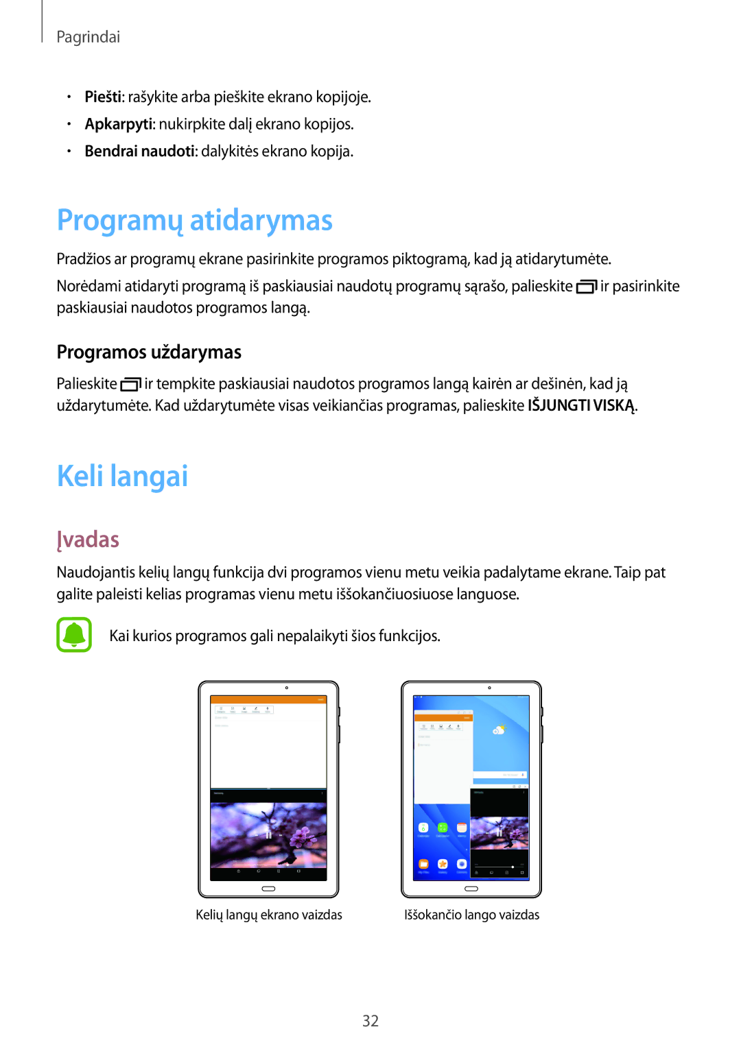 Samsung SM-T580NZWASEB, SM-T580NZKASEB manual Programų atidarymas, Keli langai, Įvadas, Programos uždarymas 