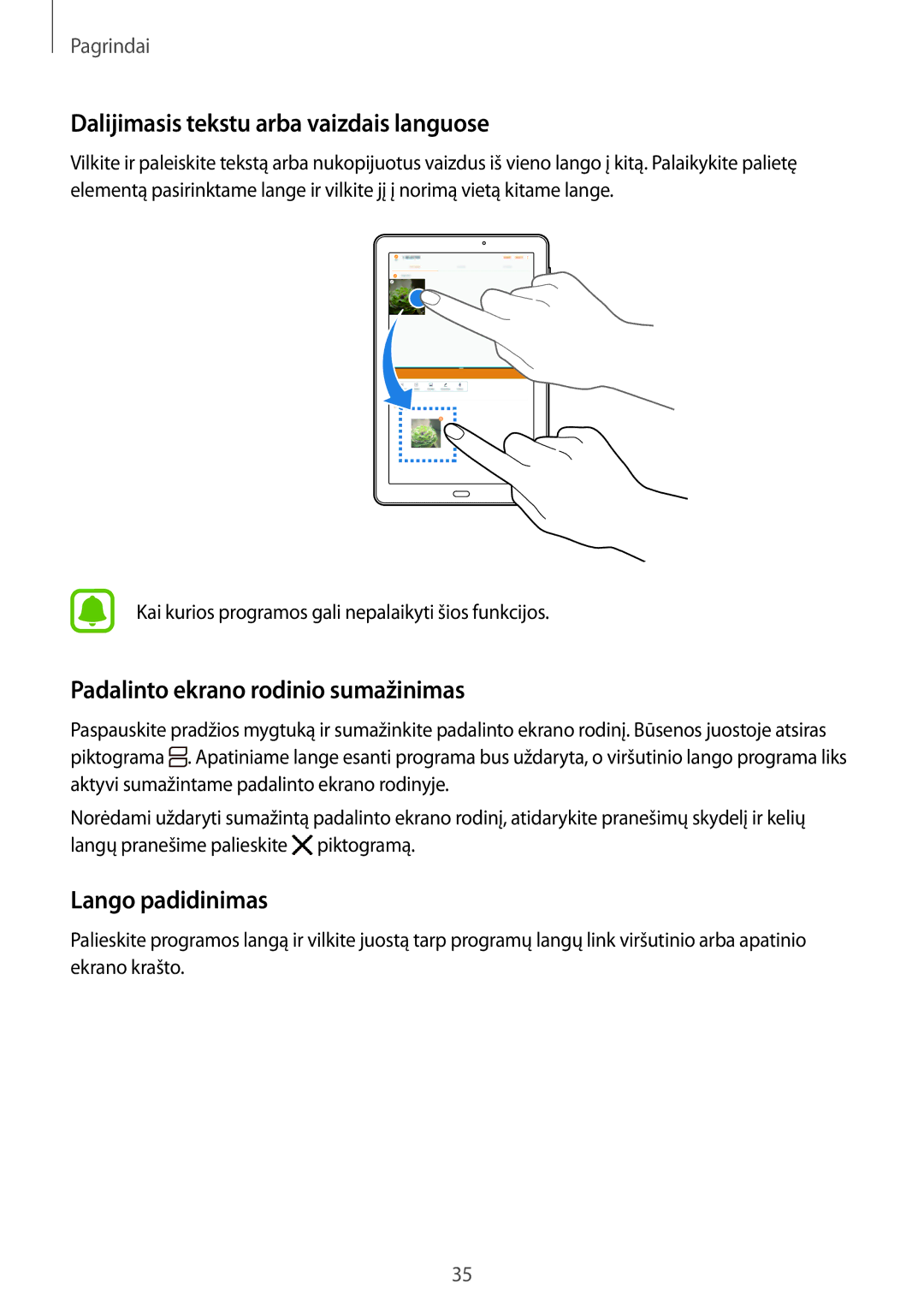 Samsung SM-T580NZKASEB Dalijimasis tekstu arba vaizdais languose, Padalinto ekrano rodinio sumažinimas, Lango padidinimas 