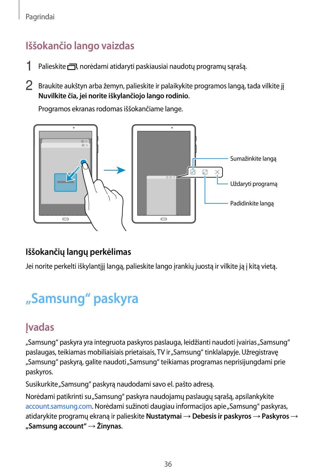 Samsung SM-T580NZWASEB, SM-T580NZKASEB manual „Samsung paskyra, Iššokančio lango vaizdas, Iššokančių langų perkėlimas 