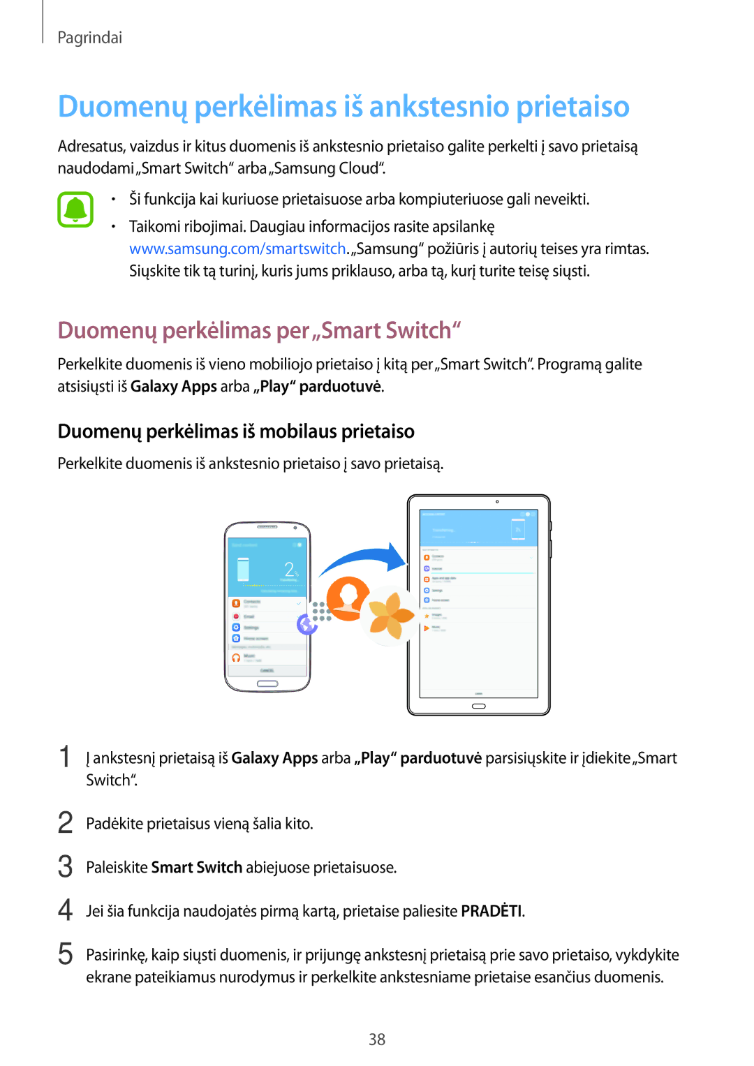 Samsung SM-T580NZWASEB, SM-T580NZKASEB Duomenų perkėlimas iš ankstesnio prietaiso, Duomenų perkėlimas per„Smart Switch 