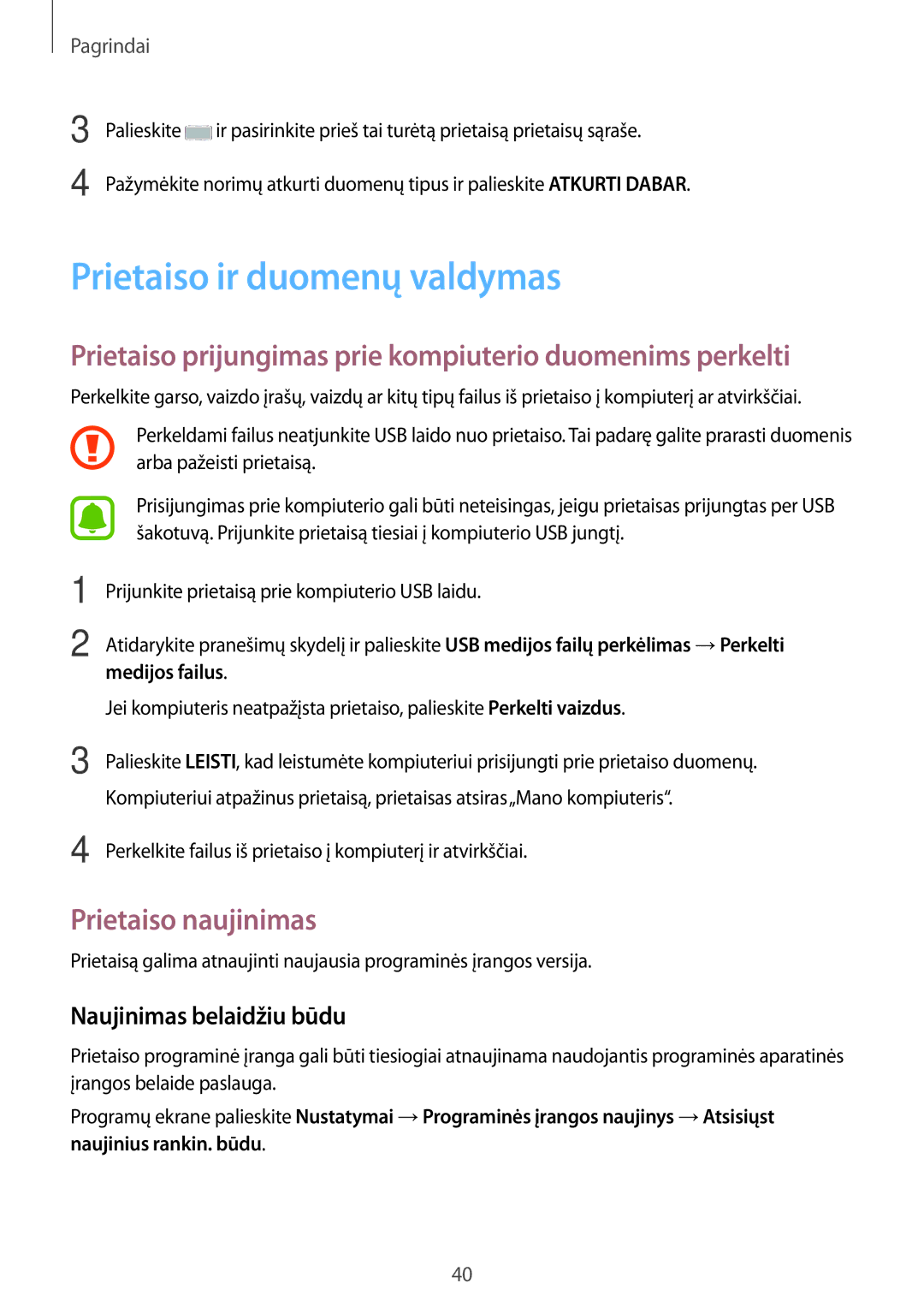 Samsung SM-T580NZWASEB, SM-T580NZKASEB manual Prietaiso ir duomenų valdymas, Prietaiso naujinimas, Naujinimas belaidžiu būdu 