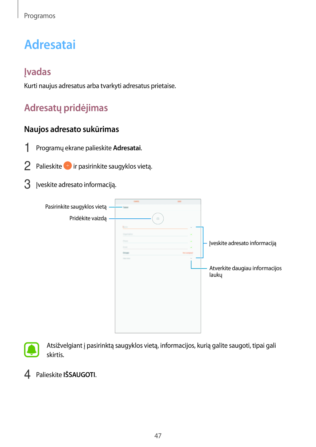 Samsung SM-T580NZKASEB, SM-T580NZWASEB manual Adresatai, Adresatų pridėjimas, Naujos adresato sukūrimas 