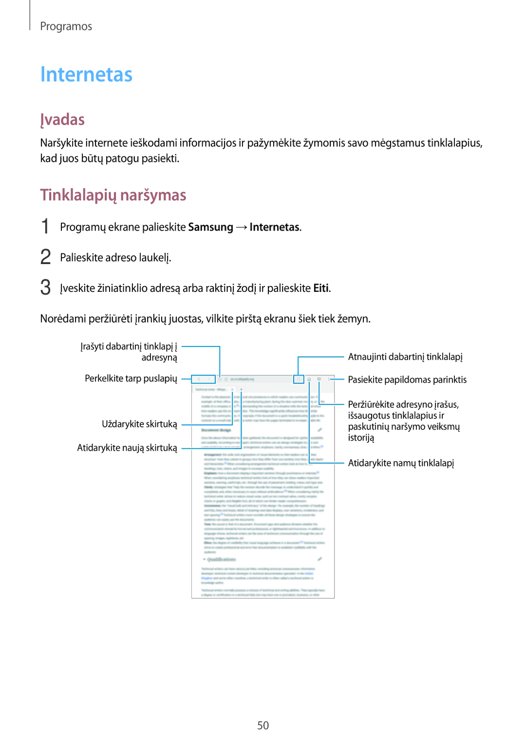 Samsung SM-T580NZWASEB, SM-T580NZKASEB manual Internetas, Tinklalapių naršymas 