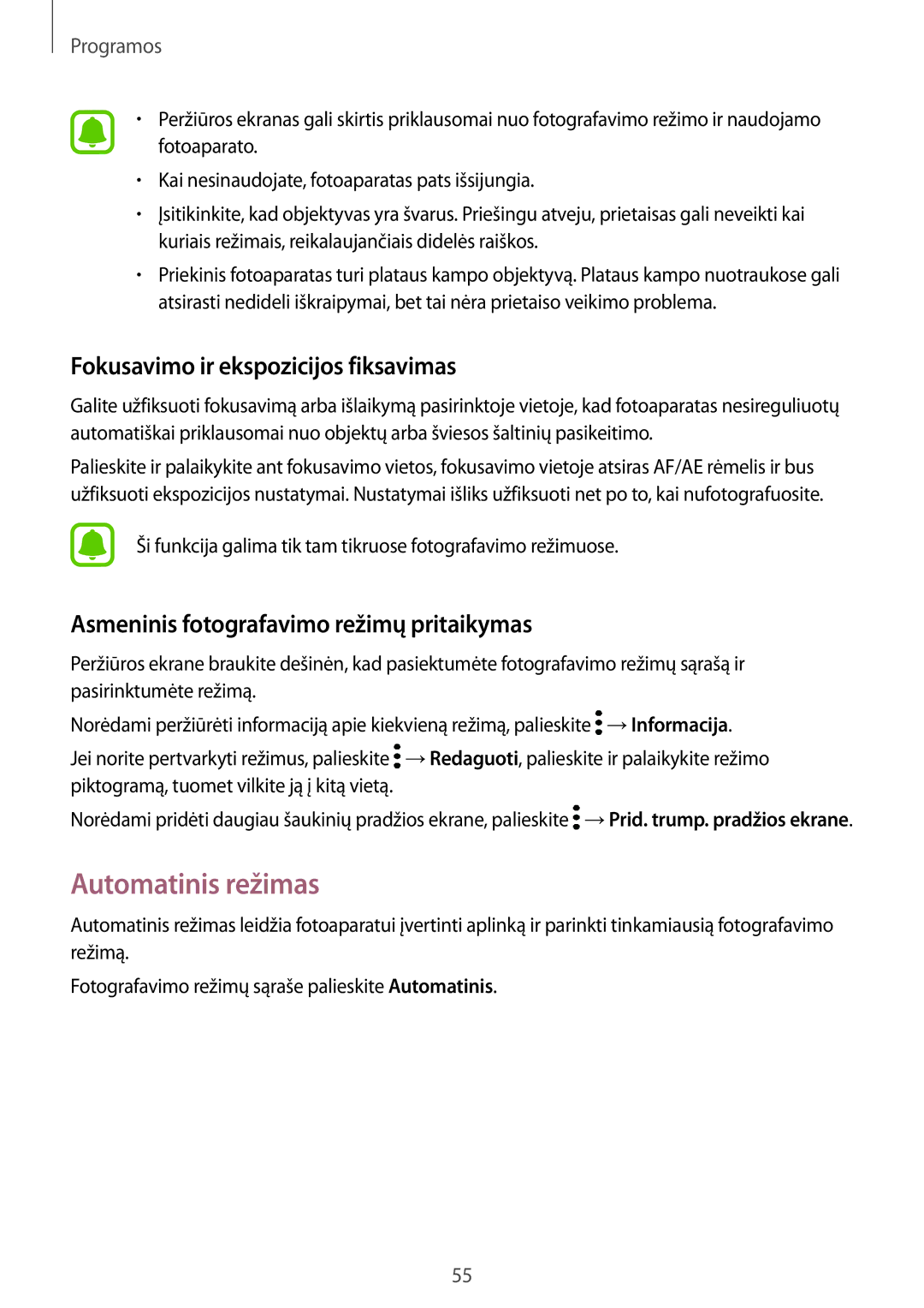 Samsung SM-T580NZKASEB, SM-T580NZWASEB manual Automatinis režimas, Fokusavimo ir ekspozicijos fiksavimas 