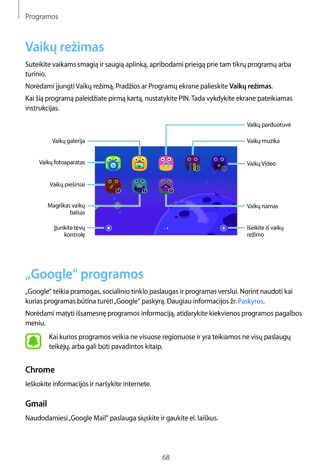 Samsung SM-T580NZWASEB, SM-T580NZKASEB manual Vaikų režimas, „Google programos, Chrome, Gmail 