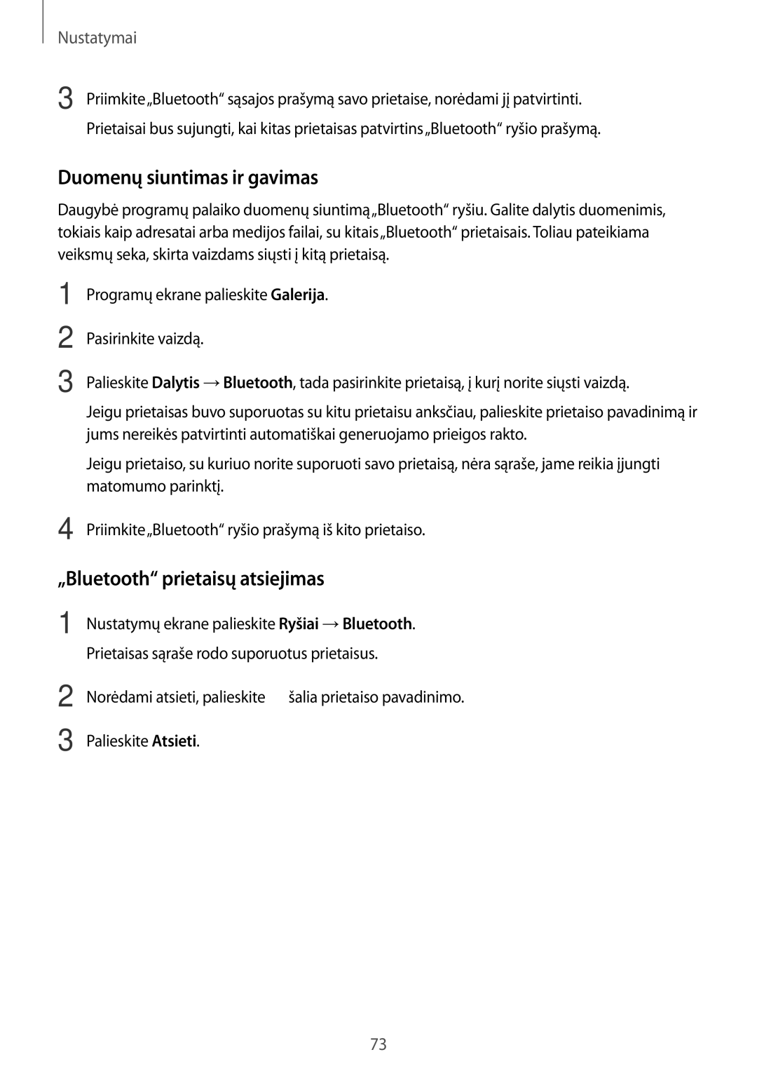 Samsung SM-T580NZKASEB, SM-T580NZWASEB manual Duomenų siuntimas ir gavimas, „Bluetooth prietaisų atsiejimas 