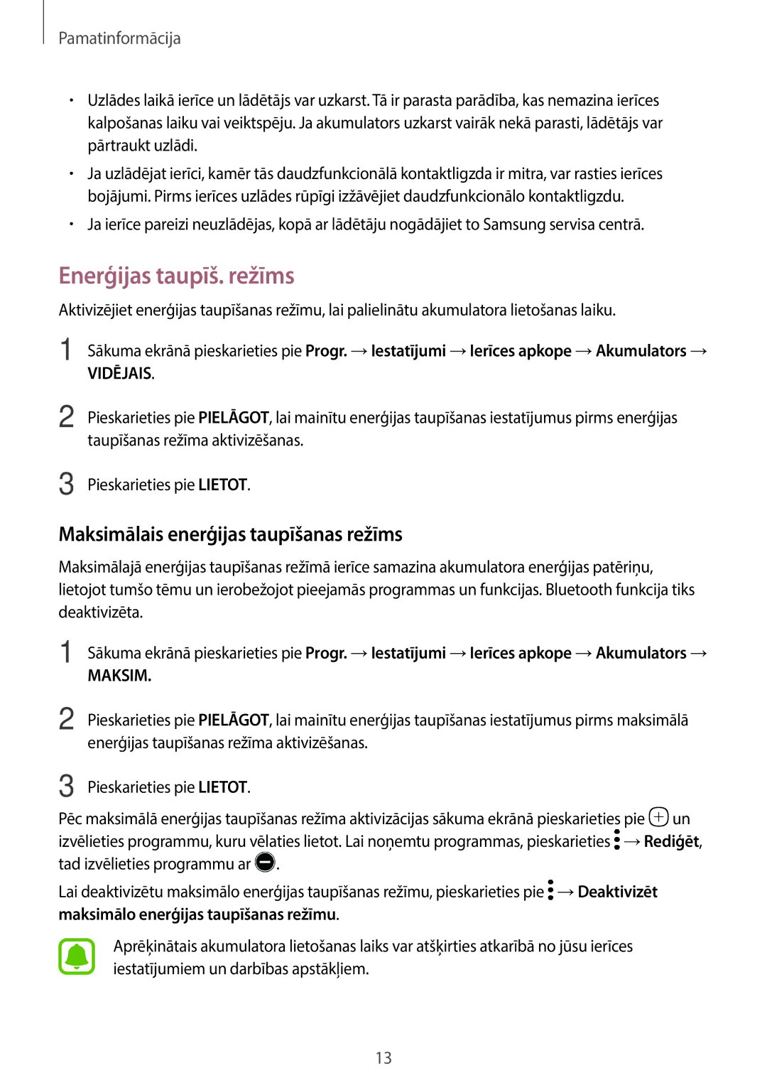 Samsung SM-T580NZKASEB, SM-T580NZWASEB manual Enerģijas taupīš. režīms, Maksimālais enerģijas taupīšanas režīms 