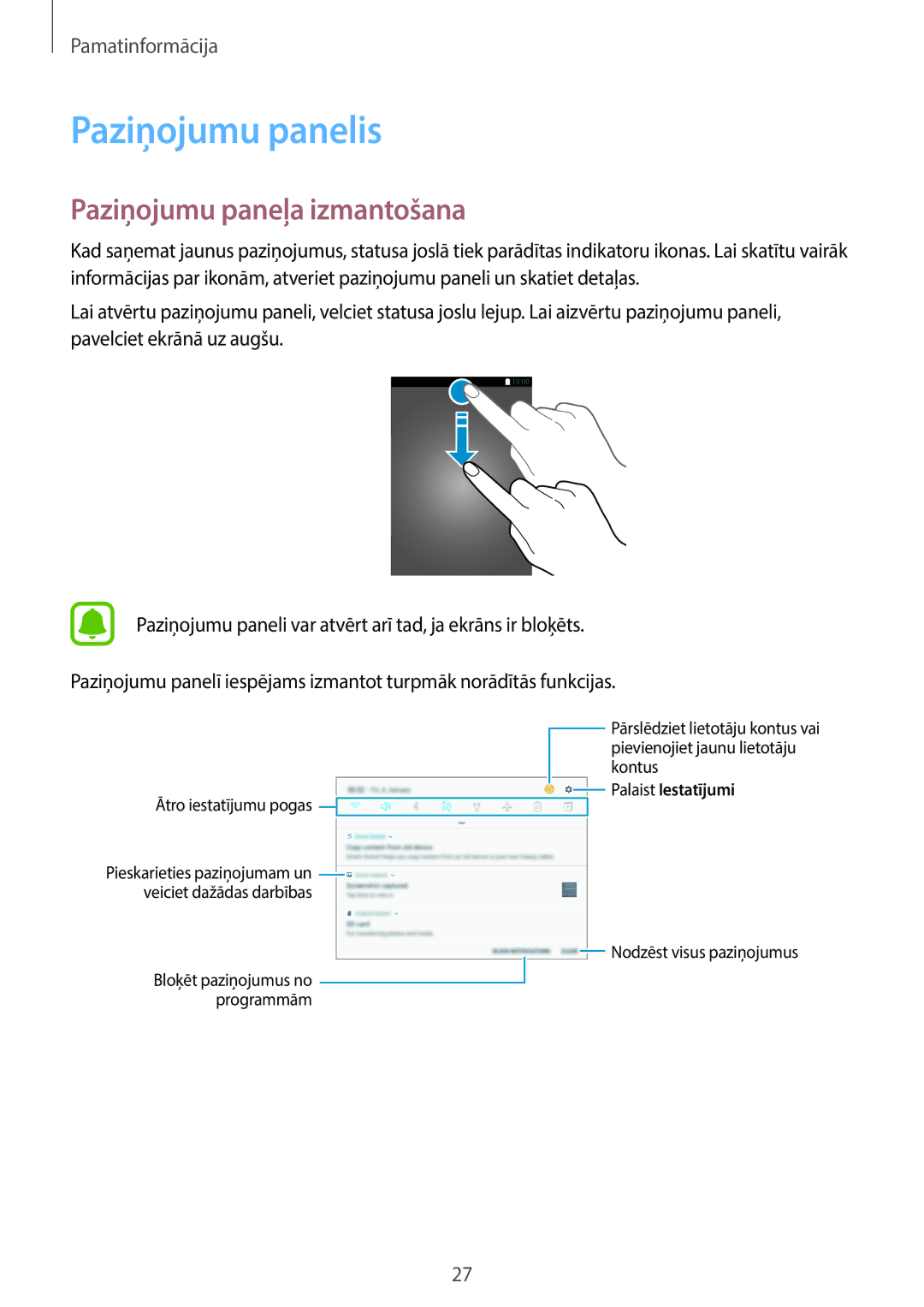 Samsung SM-T580NZKASEB, SM-T580NZWASEB manual Paziņojumu panelis, Paziņojumu paneļa izmantošana 