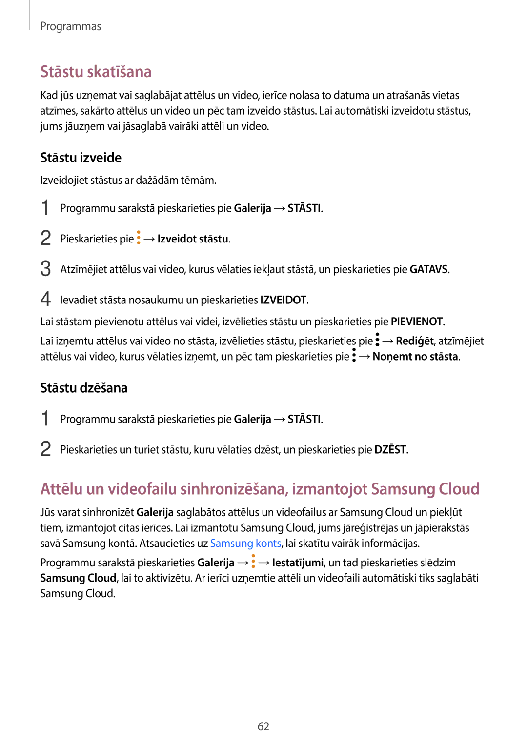 Samsung SM-T580NZWASEB, SM-T580NZKASEB manual Stāstu skatīšana, Stāstu izveide, Stāstu dzēšana 