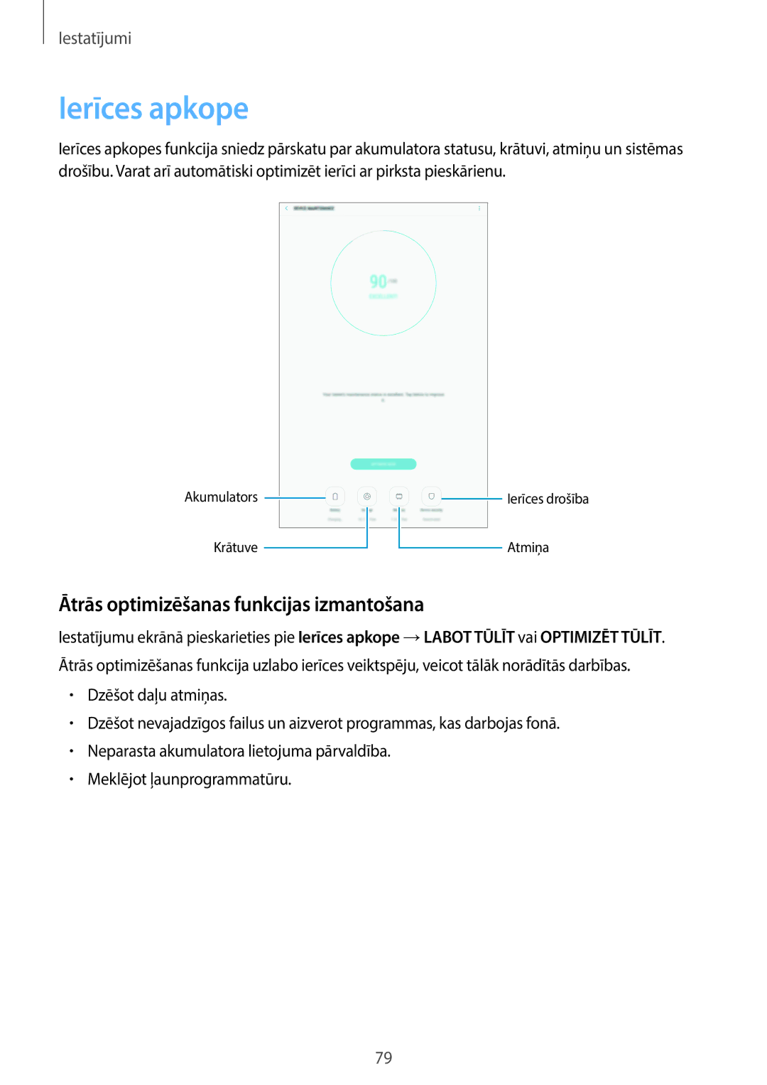 Samsung SM-T580NZKASEB, SM-T580NZWASEB manual Ierīces apkope, Ātrās optimizēšanas funkcijas izmantošana 